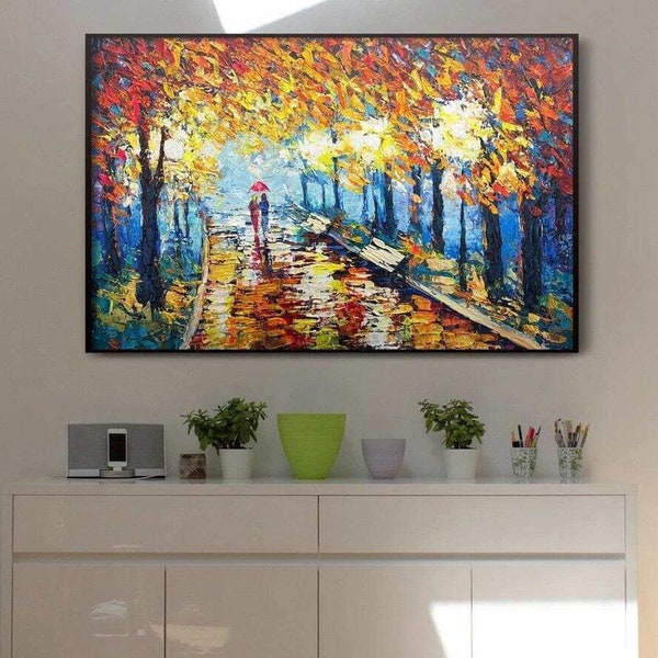 Arbres abstraits, peintures sur toile, oeuvre colorée de la forêt d'automne, oeuvre d'art murale bohème originale, peinture texturée moderne pour la décoration intérieure, 24 x 36 po.