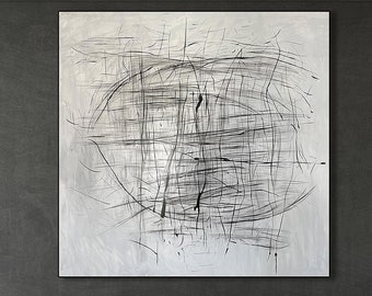 Dipinti astratti in bianco e nero su tela Pittura geometrica acrilica Arte moderna e minimalista da parete per la decorazione della parete dell'ufficio 46x46"