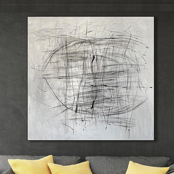 Pinturas abstractas en blanco y negro sobre lienzo, pintura geométrica acrílica, arte de pared minimalista moderno para decoración de pared de oficina, 46x46"