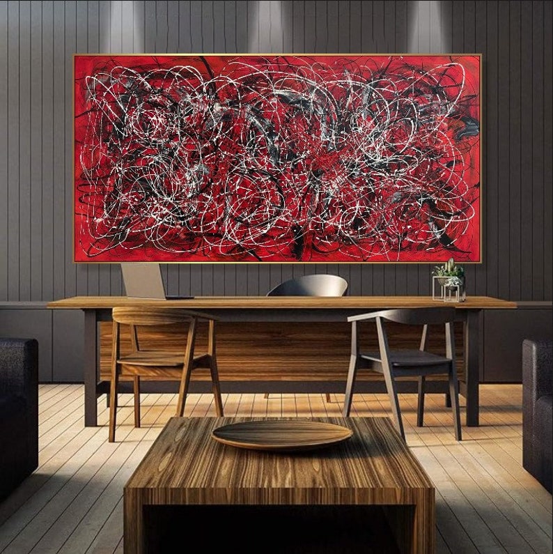 Jackson Pollock Style Abstract Red And Black Paintings On Canvas Minimalist Art Fine Art Painting Creative Painting Artwork 39.4x78.7 image 4