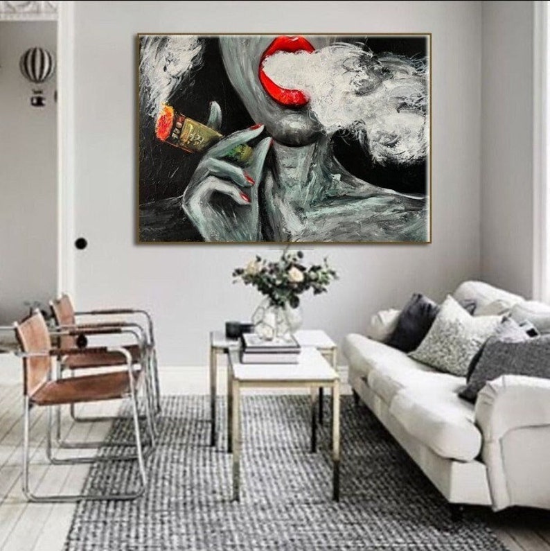 Large Abstract Smoking Woman Art On Canvas Monochrome Figurative Fine Art Acrylic Textured Oil Painting Modern Wall Decor SMOKING WOMAN image 1