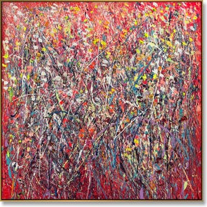 Abstract Red Drip Painting: Jackson Pollock Style, Textured Canvas Art (57&quot;x57&quot;)