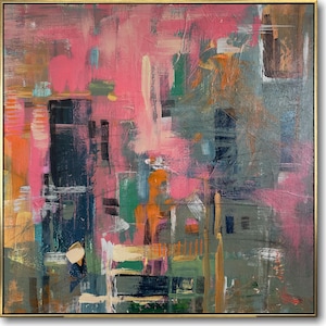 Colorful Abstract Painting on Canvas Bold Pink and Green Cityscape Style Art Modern Textured Painting Statement Art Wall Decor 20"x20"