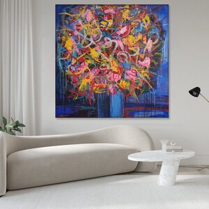 Blumenstrauss Exklusiv Kunst Handgemalter Gemälderahmen Moderne Wandkunst Zeitgenössische Kunst Abstrakte Malerei 116x116 cm Bild 4