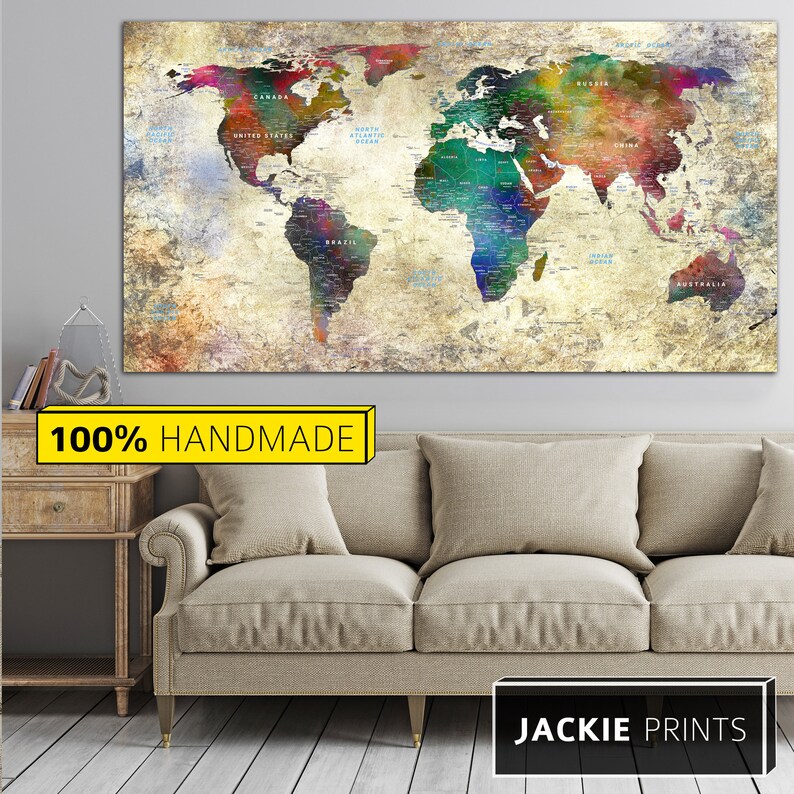 Push Pin Wall World Map Large World Map Push Pin Canvas Map Etsy