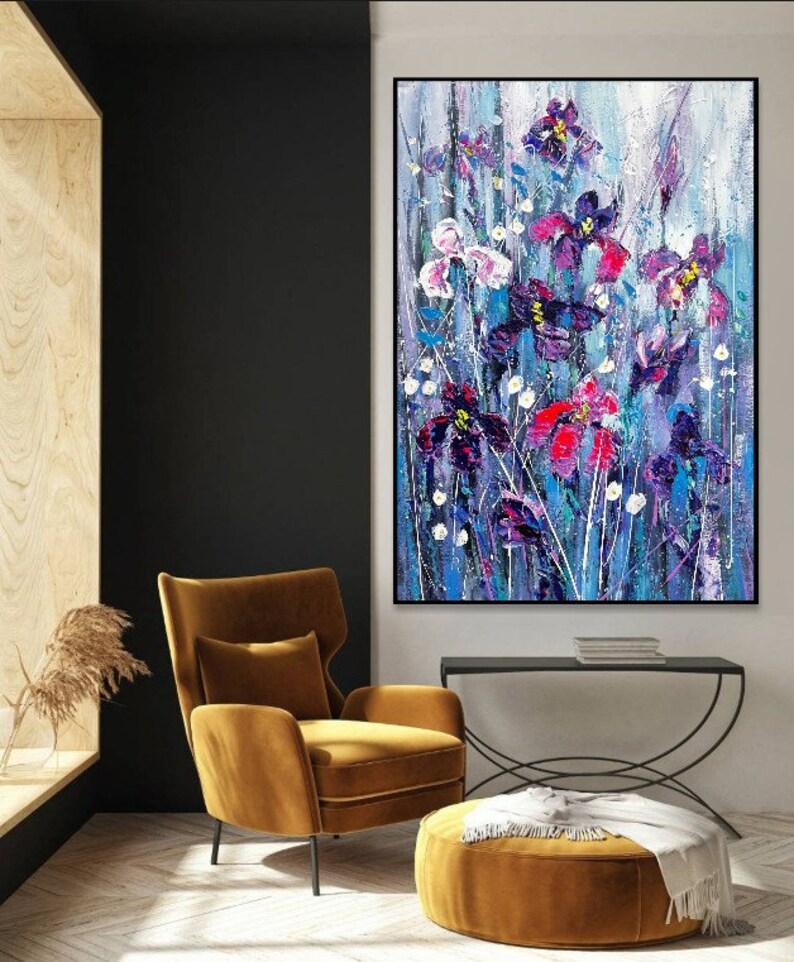 Fleurs abstraites, peintures sur toile, peinture contemporaine faite main, art floral texturé, art coloré, peinture créative, beaux-arts, 50 x 34 po. image 5