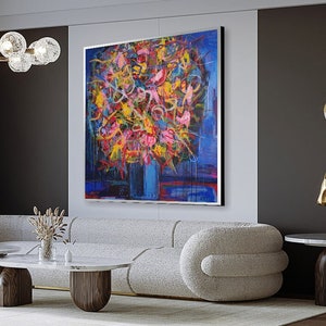 Blumenstrauss Exklusiv Kunst Handgemalter Gemälderahmen Moderne Wandkunst Zeitgenössische Kunst Abstrakte Malerei 116x116 cm Bild 6