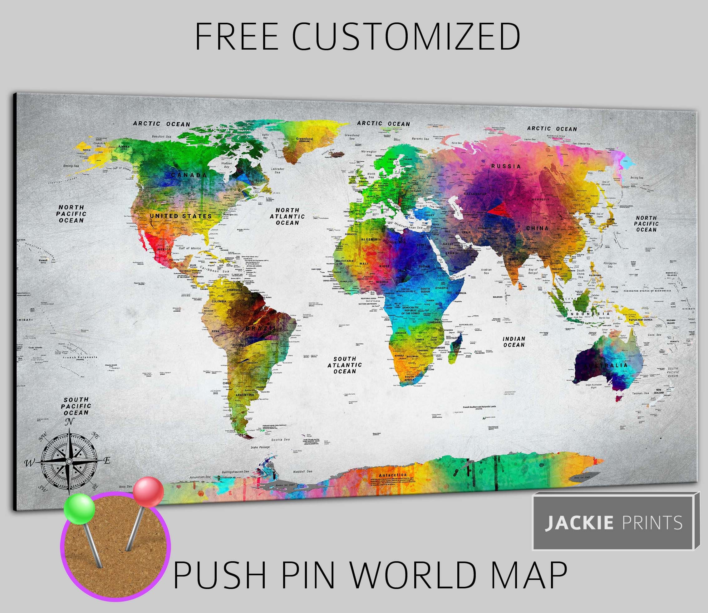 World Map Canvas Full Color World Map All Colors World Map Map Etsy