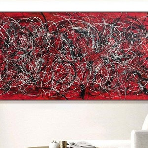 Jackson Pollock Style Abstract Red And Black Paintings On Canvas Minimalist Art Fine Art Painting Creative Painting Artwork 39.4x78.7 image 1