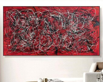 Jackson Pollock Style Abstract Red And Black Paintings On Canvas Minimalist Art Fine Art Painting Creative Painting Artwork 39.4x78.7"