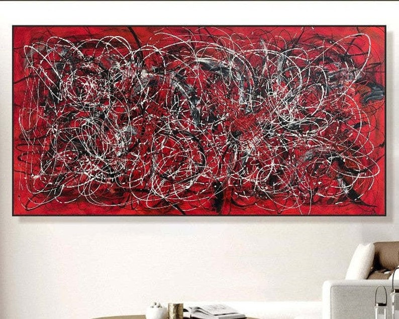 Jackson Pollock Style Abstract Red And Black Paintings On Canvas Minimalist Art Fine Art Painting Creative Painting Artwork 39.4x78.7 image 1