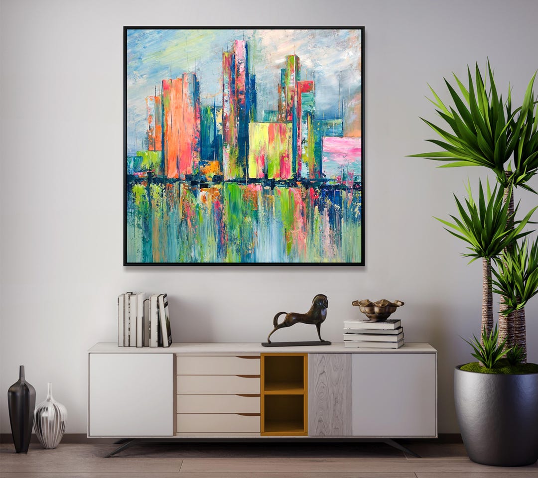 Large Colorful Cityscape Painting – Abstract Urban Skyline Wall Art ...