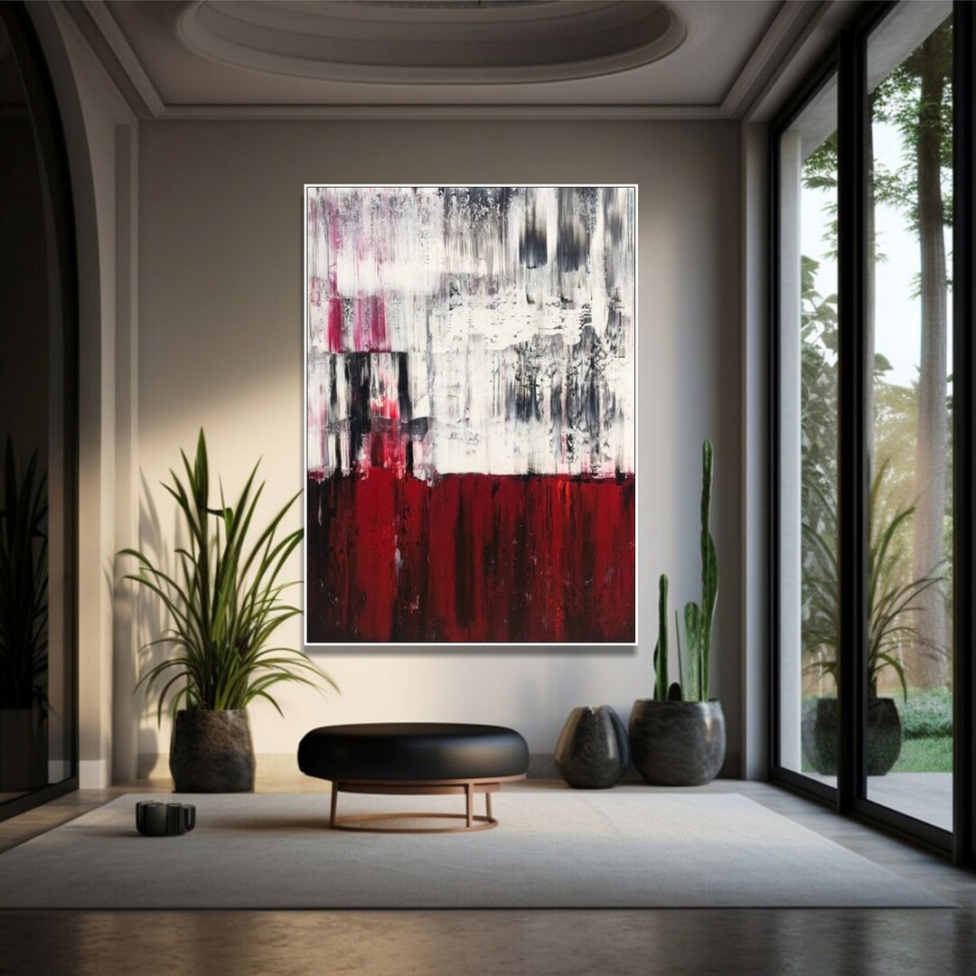 Large Modern Abstract Painting Red, Black and White Canvas Art Textured ...