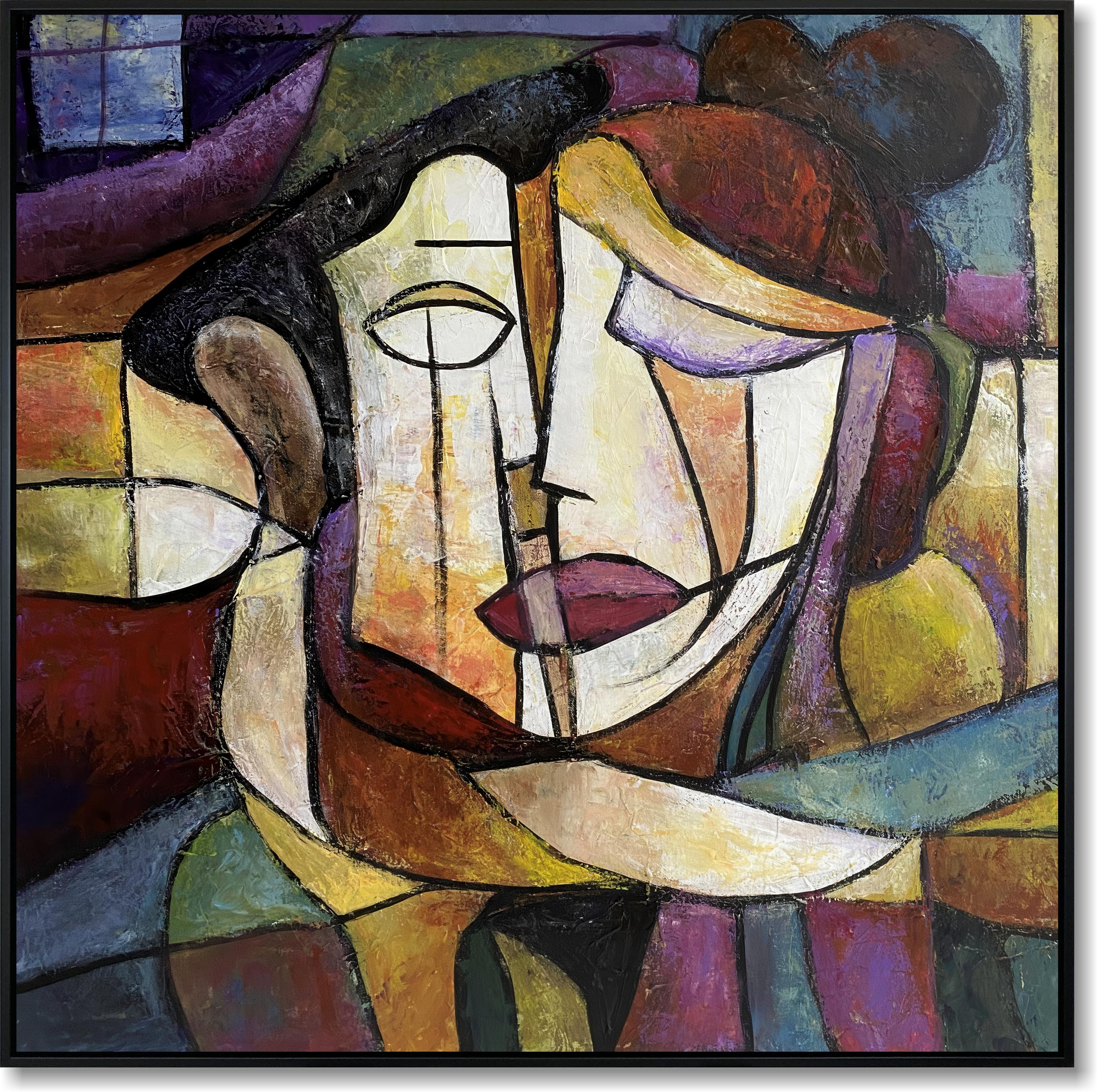 Abstract Cubist Couple Portrait Canvas Art Colorful Picasso-Style Painting Original Romantic Art Creative Wedding Gift Wall Decor 32x32"