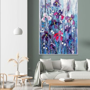 Fleurs abstraites, peintures sur toile, peinture contemporaine faite main, art floral texturé, art coloré, peinture créative, beaux-arts, 50 x 34 po. image 4