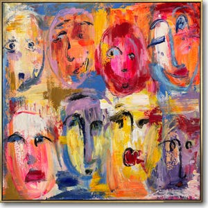 Vibrant Abstract Faces Painting on Canvas Handmade Colorful Expressionist Art Acrylic Oil Painting Unique Gift Figurative Art for Home Decor