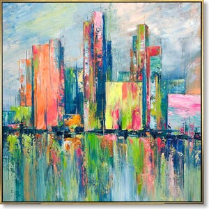 Groot kleurrijk abstract stadsgezicht canvas stedelijke skyline schilderij levendige textuur muurkunst voor moderne woning- en kantoorinrichting
