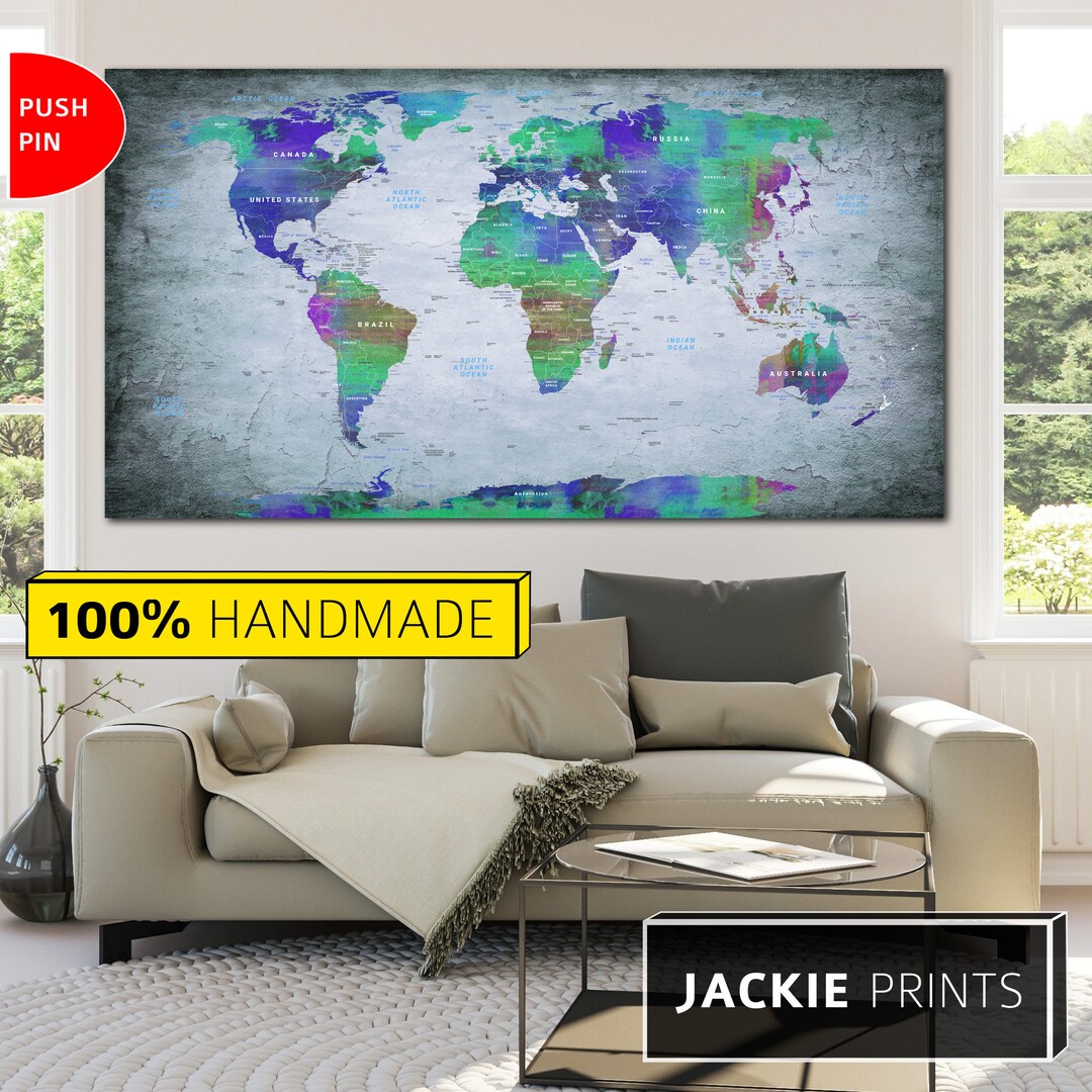 Push Pin Canvas Map World Map Print Large World Map Map Push - Etsy