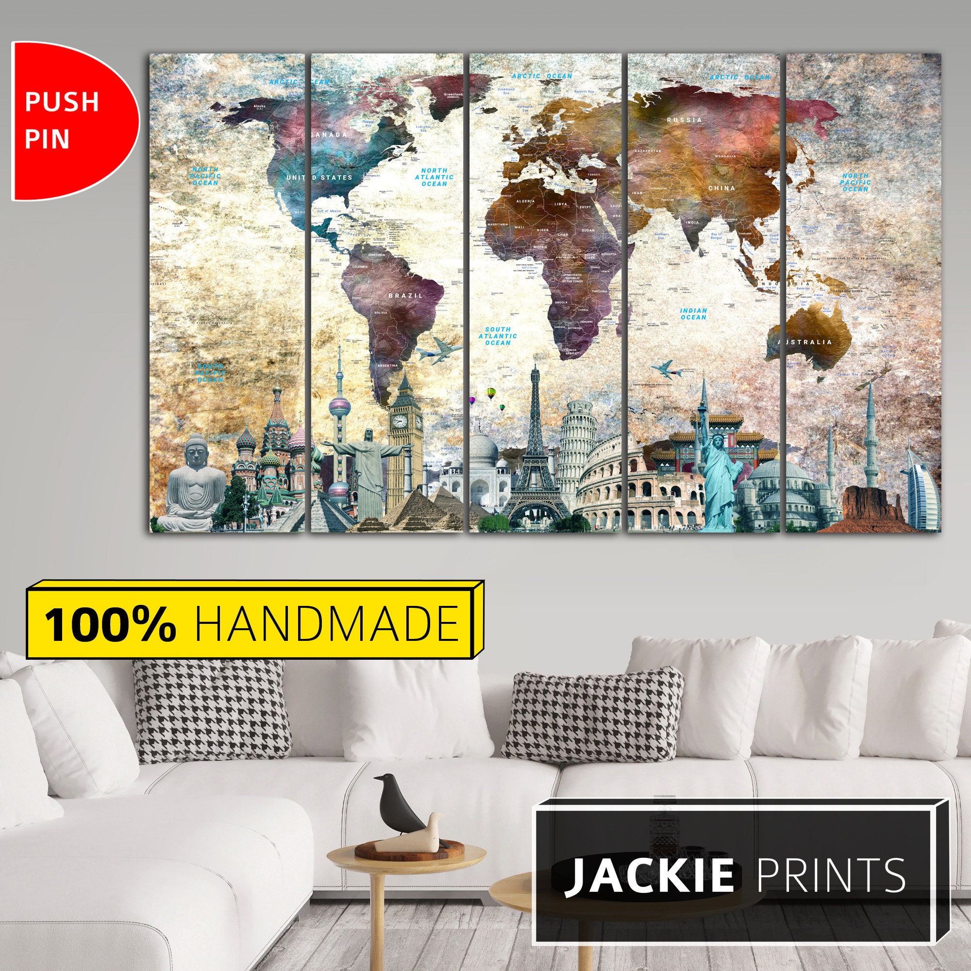 Push Pin World Map Wall Art Colorful Multi Panel Travel Map | Etsy