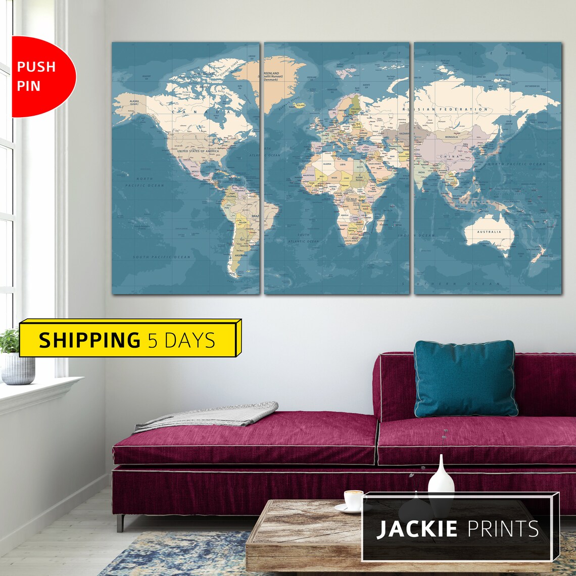 Canvas World Map Push Pin Map Print Abstract World Map World Etsy