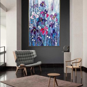 Fleurs abstraites, peintures sur toile, peinture contemporaine faite main, art floral texturé, art coloré, peinture créative, beaux-arts, 50 x 34 po. image 6