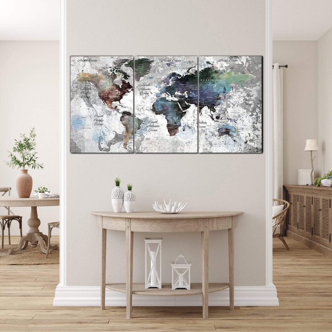 Watercolor World Map Canvas Print: Vintage Style Multi Panel Wall Art ...