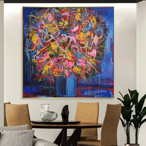 Blumenstrauss Exklusiv Kunst Handgemalter Gemälderahmen Moderne Wandkunst Zeitgenössische Kunst Abstrakte Malerei 116x116 cm Bild 3