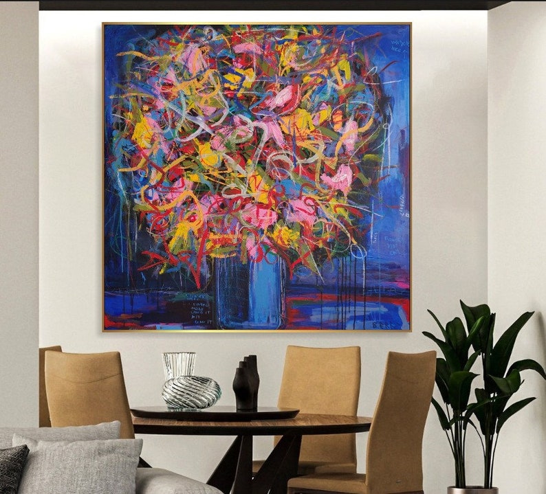 Blumenstrauss Exklusiv Kunst Handgemalter Gemälderahmen Moderne Wandkunst Zeitgenössische Kunst Abstrakte Malerei 116x116 cm Bild 3