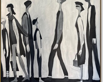 Large Abstract Human Queue Paintings On Canvas Original People Figurative Painting Humans Black And White Minimalist Wall Decor 46x46&quot;
