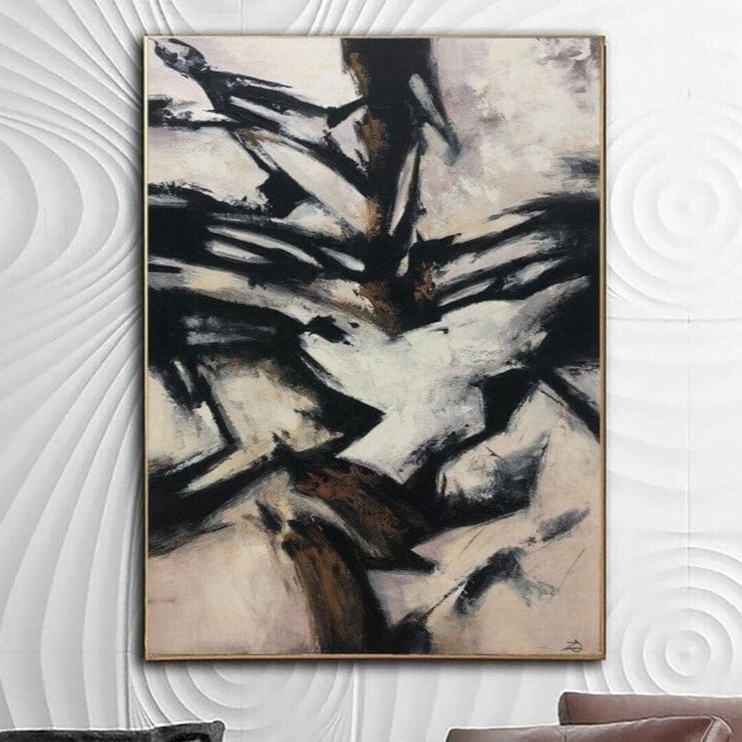 Black and White Abstract Line Painting – Modern Geometric Canvas Wall ...
