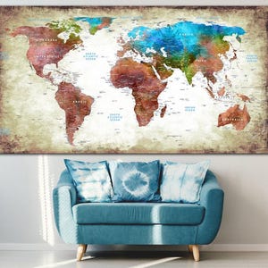 Carte du monde colorée vintage, art mural, carte du monde texturée rustique, impression multi-panneaux pour bureau à domicile ou décoration d'étude, affiche de voyage éducative