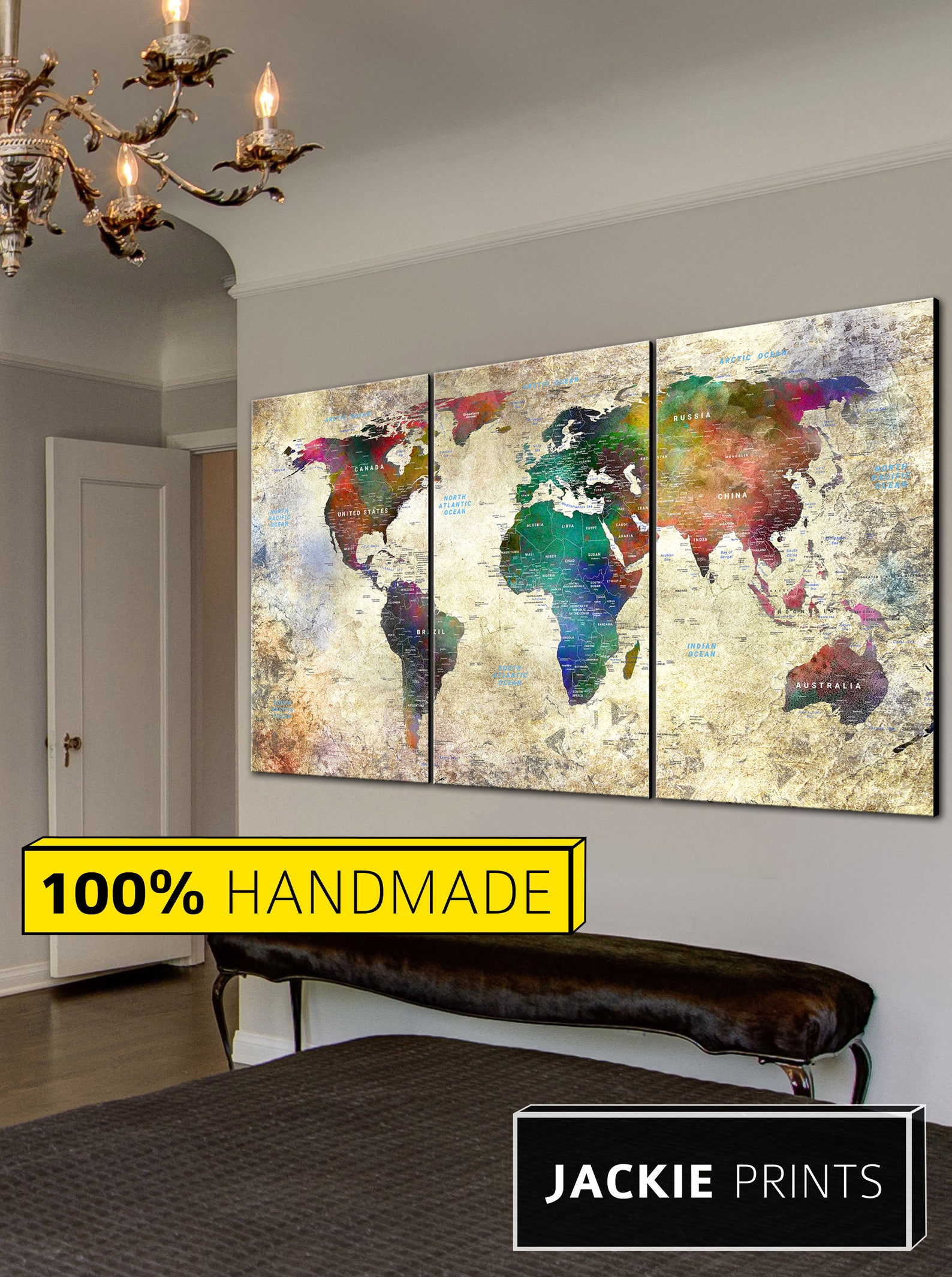 Large Canvas Map Colorful Map Art Canvas Push Pin World Map Etsy