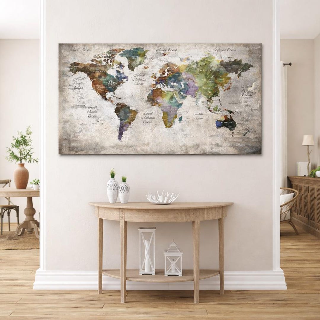 Large Vintage Watercolor World Map Canvas Print Distressed Travel Wall ...