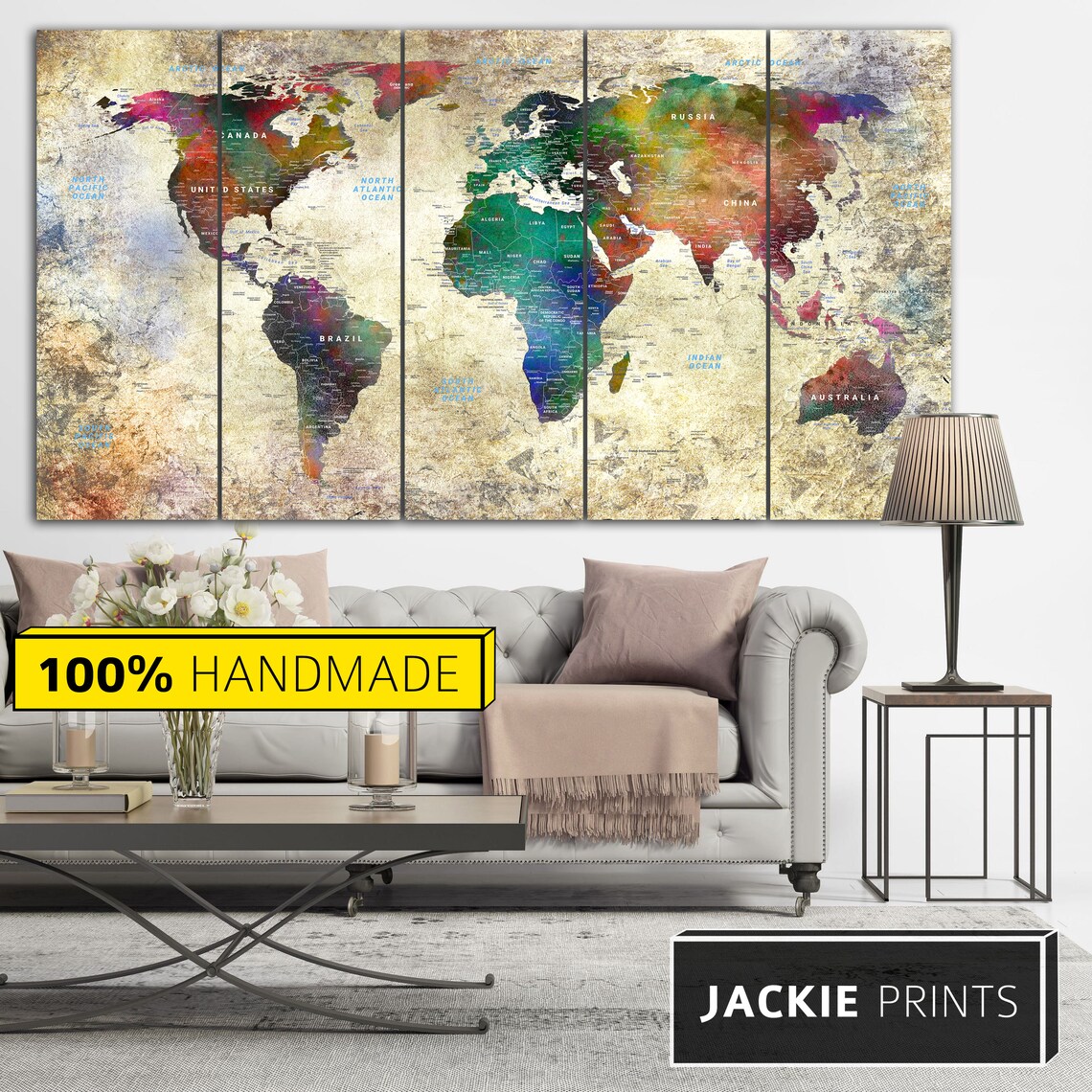 Large Canvas Map Colorful Map Art Canvas Push Pin World Map Etsy