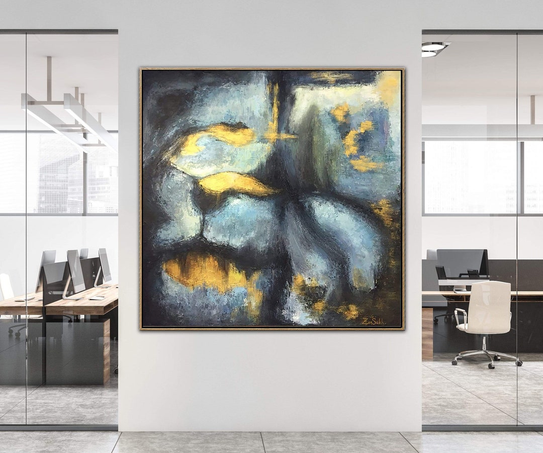 大きな抽象的な青と金の絵画：テクスチャ加工されたアクリルキャンバス