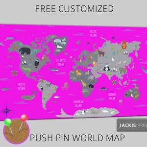 Pink World Map Print Kids Map Canvas World Map Map of the | Etsy