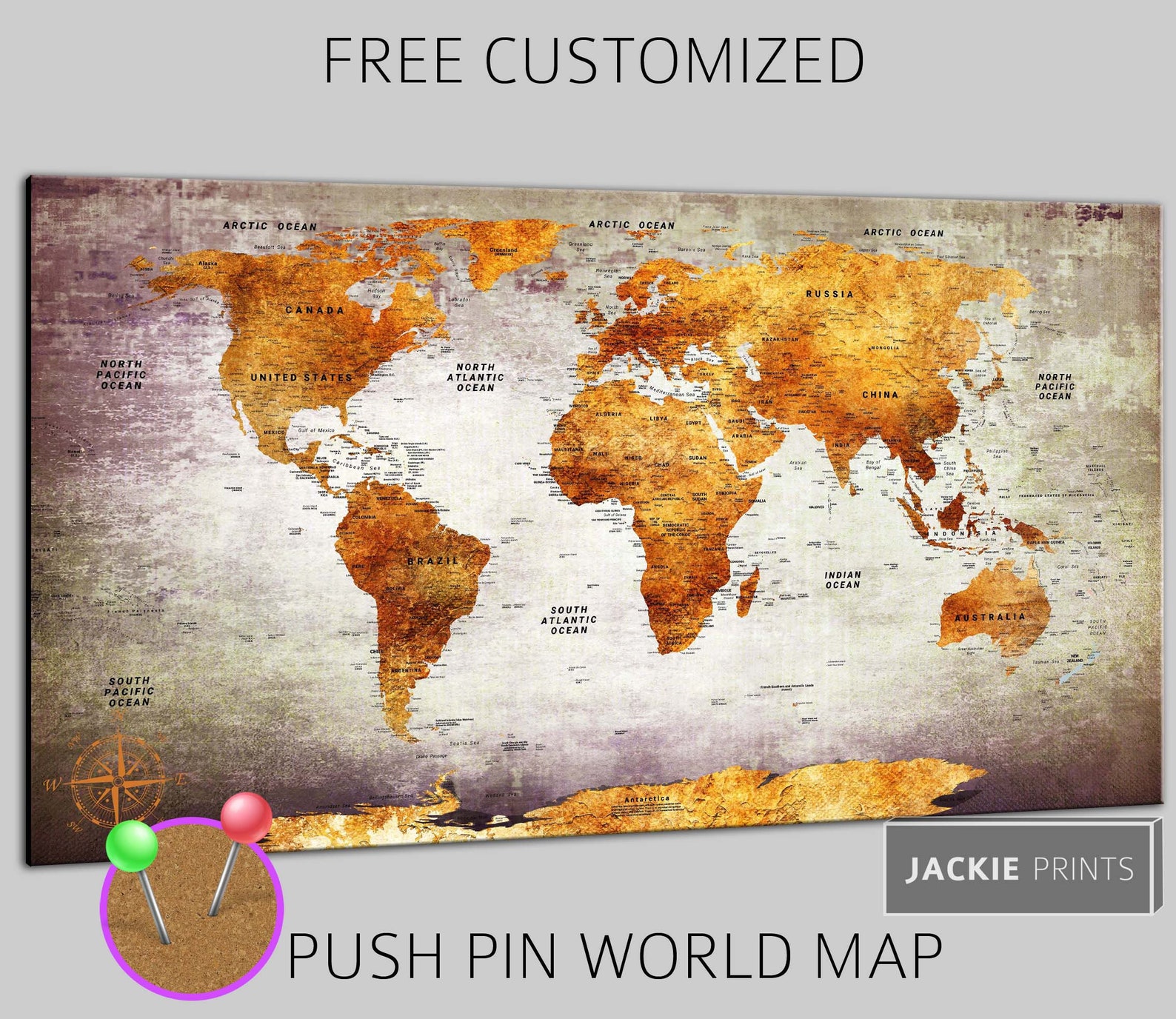 Large Canvas Map Multi Panel Push Pin Map World Map Wall Art Etsy