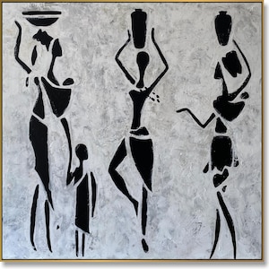 African Tribal Women Silhouette Painting Minimalist Black and White Canvas Art Ethnic Figures for Modern Boho Wall Decor 39.7&quot;x39.7&quot;