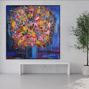 Blumenstrauss Exklusiv Kunst Handgemalter Gemälderahmen Moderne Wandkunst Zeitgenössische Kunst Abstrakte Malerei 116x116 cm Bild 7