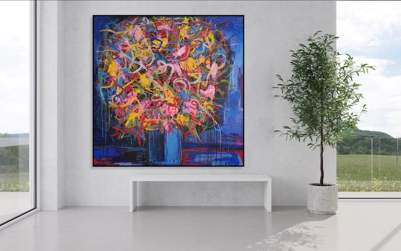 Blumenstrauss Exklusiv Kunst Handgemalter Gemälderahmen Moderne Wandkunst Zeitgenössische Kunst Abstrakte Malerei 116x116 cm Bild 7