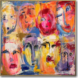 Colorful Abstract Faces Painting Handmade Canvas Art Expressionist Acrylic Oil Artwork Unique Figurative Wall Art Home Decor Gift 20&quot;x20&quot;