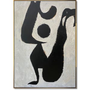 Grande tela astratta in bianco e nero, arte minimalista, silhouette etnica audace, moderna e neutra, decorazione da parete Boho, 152,4 x 116,8 cm
