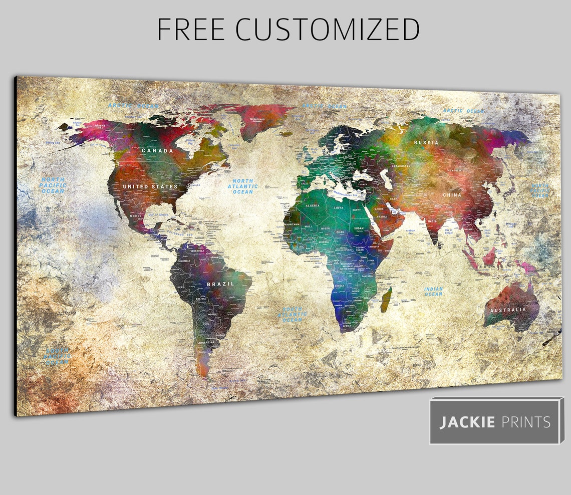 Large Canvas Map Colorful Map Art Canvas Push Pin World Map Etsy