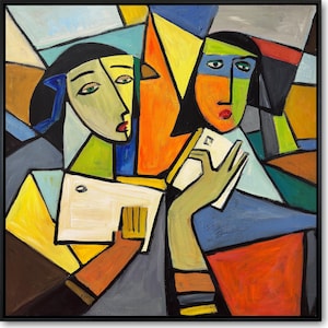 Pintura de retrato cubista colorido, arte geométrico abstracto con tonos llamativos, arte moderno contemporáneo, decoración de pared inspirada en el cubismo de Picasso, 20 x 20 pulgadas