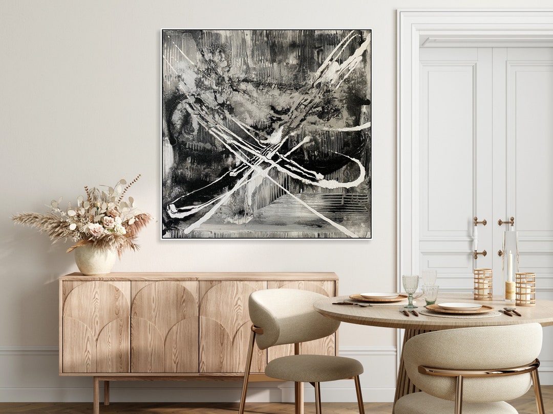 Original Abstract Black and White With Gray Painting on Canvas ...