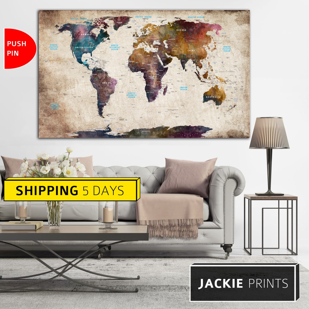 Large World Map Canvas Wall Art Map of the World Colorful Etsy