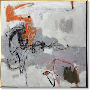 Original Abstract Neutral Tones Painting Modern Minimalist Orange Accents Wall Art Contemporary Handmade Oil Painting for Home Wall Decor