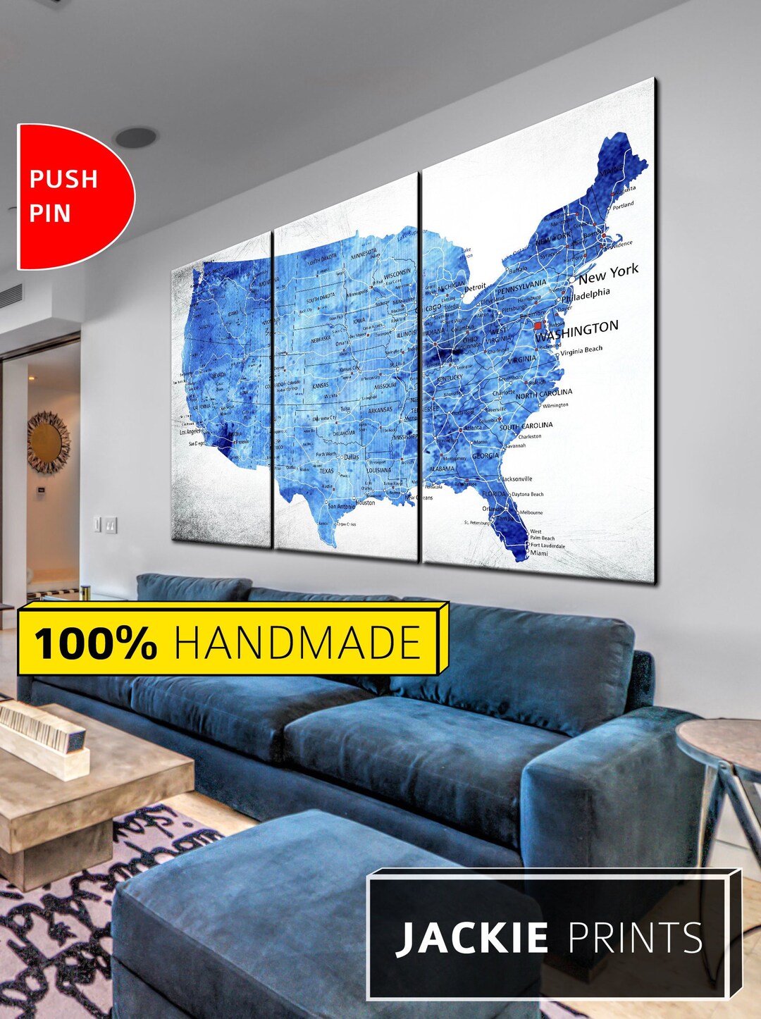 Blue Map Wall US Map United States Map Blue Color Map Map - Etsy