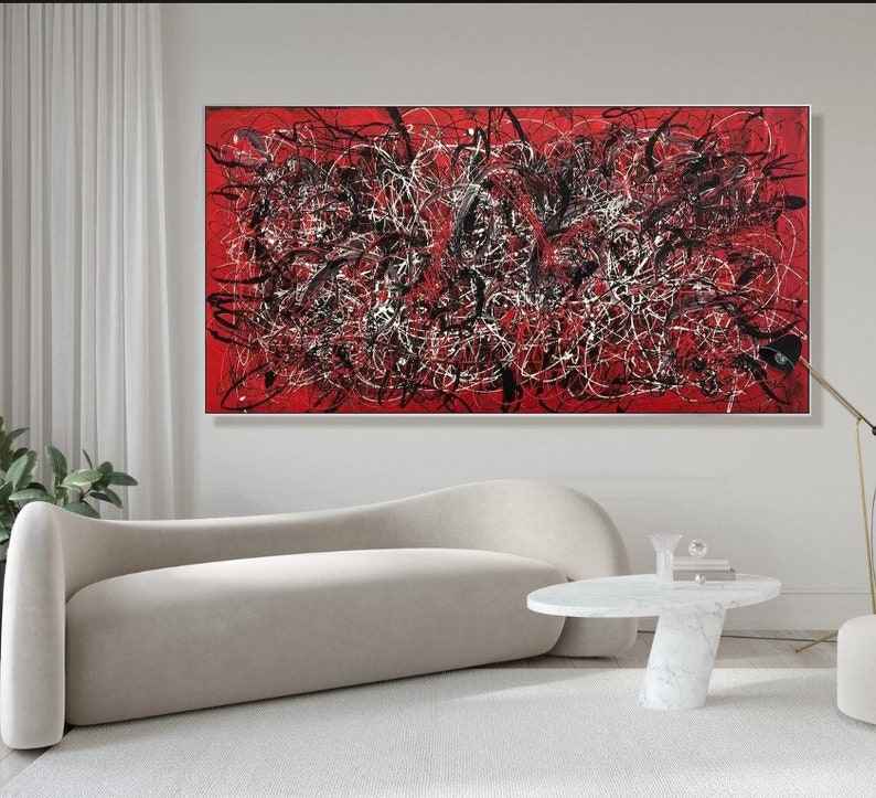 Jackson Pollock Style Abstract Red And Black Paintings On Canvas Minimalist Art Fine Art Painting Creative Painting Artwork 39.4x78.7 image 5