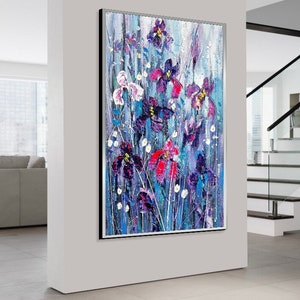 Fleurs abstraites, peintures sur toile, peinture contemporaine faite main, art floral texturé, art coloré, peinture créative, beaux-arts, 50 x 34 po. image 7